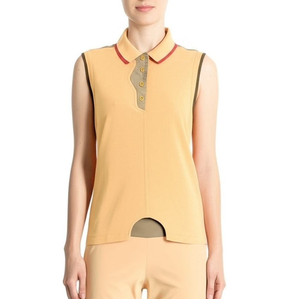 Jamie Sadock‎ Shirt Womens Large Yellow Sleeveless Polo Collar Cutout Hem Golf